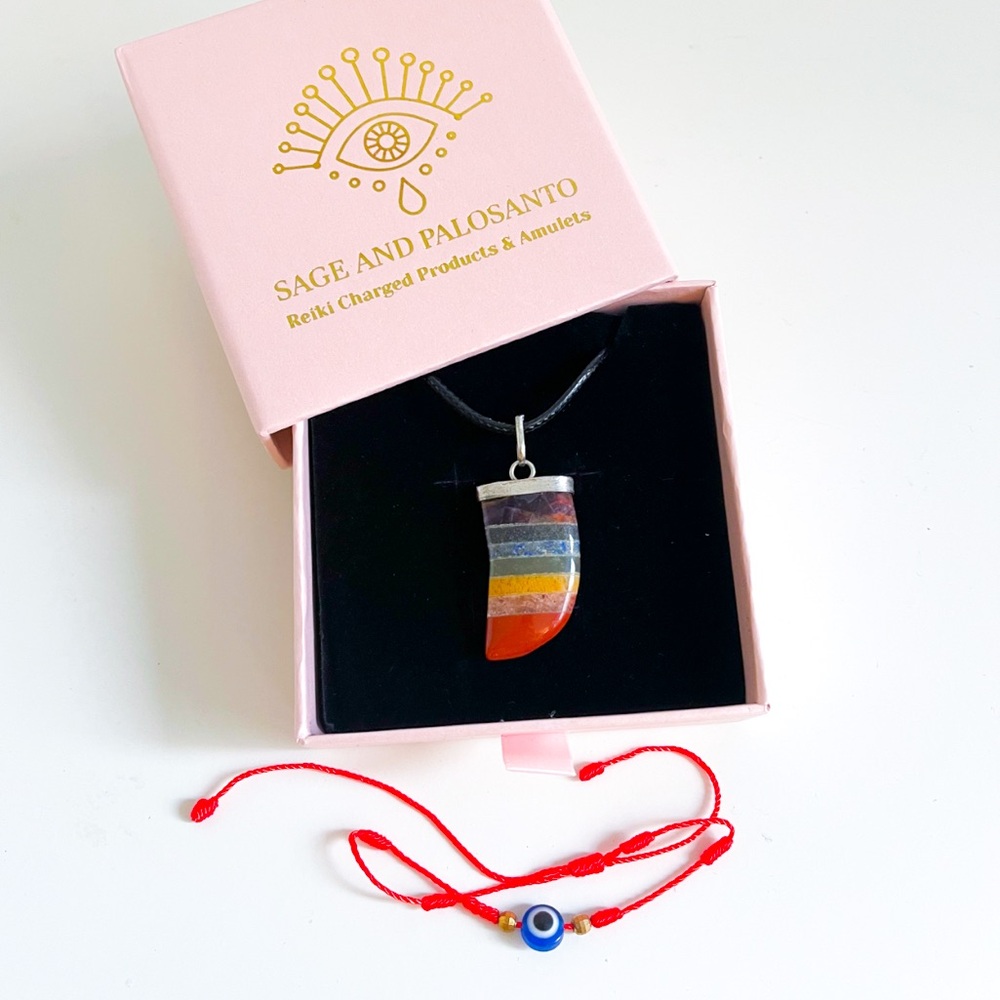 Chakra Crystal Healing Amulet + Evil Eye Bracelet Set Brand New Luxury Gift Box